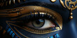 Iris Nahaufnahme mit wunderschöner Gesichtsbemahlung in gold und blau im Querformat für Banner, ai generativ
