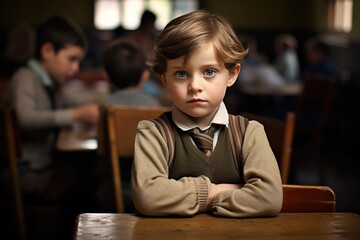 Wall Mural - Caucasian boy at table at school