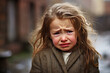 © SnowElf - Little kid girl crying outside the house, very sad. Family problems, dysfunctional destructive parents, unhappy childhood.