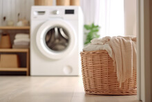 Laundry Basket With Clothes Beside Of A Washing Machine. Creative Banner Of Self-service Laundry, Minimal Cozy Interior. 