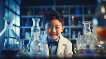 An Asian Kid In The Chemistry Lab With Different Chemicals And Test Tubes.