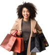 Woman holding shopping bags in both hands, smiling and happy. Could be Black Friday, Cyber monday or spring sale. Isolated on a transparent background.