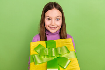 Sticker - Photo of charming surprised girl wear pink shirt holding yellow desirable wrapped gift new year holiday isolated on green color background