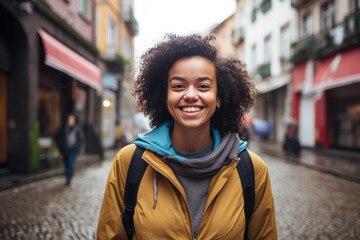 Portrait of beautiful young female on the city street in Bogota or Rio or Caracas