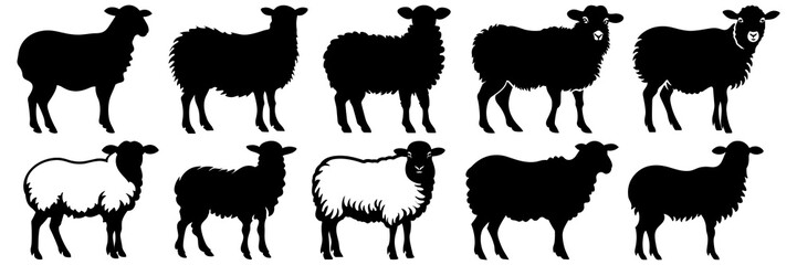 Sheep farm animal silhouettes set, large pack of vector silhouette design, isolated white background