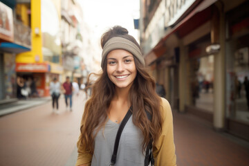 Wall Mural - Portrait of beautiful young female on the city street in Bogota or Rio or Caracas