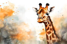 Giraffe Portrait, Paint Splatter Illustration On Light Background, Interior Decoration. Giraffe Illustration With Chaotic Paint Splashes, Animal Painting. Colorful Giraffe Muzzle Illustration