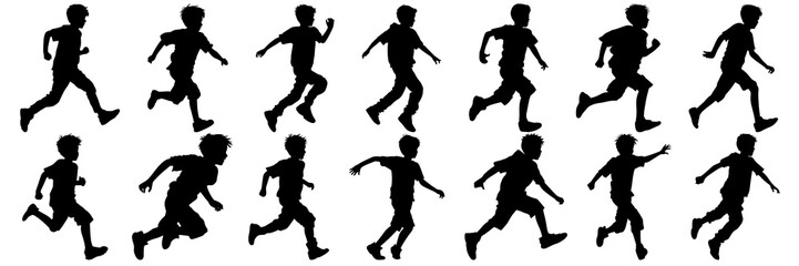 Wall Mural - Running kid child silhouettes set, large pack of vector silhouette design, isolated white background