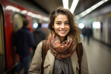 Wall Mural -  Young woman at the underground platform in Vienna, waiting