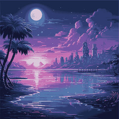 Synthwave retro 8-bit pixel art landscape with palms and moon in neon colors.