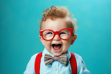 Wall Mural - Digital photo portrait of cheerful kid wearing big stylish glasses and bow tie isolated on bright blue color background generative AI