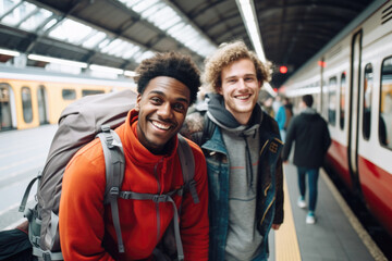Wall Mural - Two young backpackers are on Amsterdam train station