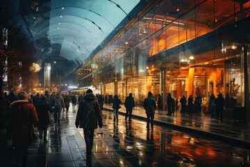 Wall Mural - Bustling train station with crowds of people in constant motion.  Generative AI.