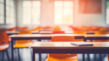 A Blurry or out - of - focus image of elementary school classroom with students sitting and studying, abstract design for background.