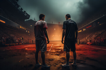 Wall Mural - Tennis Showdown. Intense match between two tennis players, illustrating the competitiveness and determination in sports. Generative Ai.