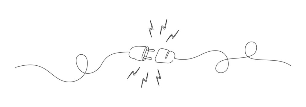One continuous line drawing of plug inserting into electric outlet. Power socket energy disconnect in simple linear style. Concept of 404 error connection. Editable stroke. Vector illustration