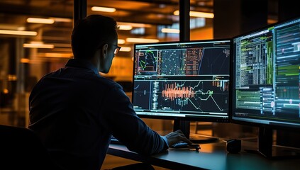 Rear view of a hacker using a computer in a dark office