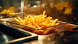 Close-up of Commercial Deep Fryer with Sizzling French Fries and Boiling Oil in Industrial Kitchen