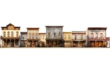 Rustic Western Town On Isolated White Background. Old Town With Various Businesses, Mortician And General Store. Adventure In Country-America. 3D Rendering