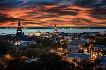 Wall Mural - South Carolina Skyline at Night in Charleston City. Beautiful City Landscape View of Charleston, SC, USA - Evening Cityscape