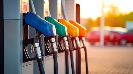 Service at the Gas Station: Colorful Fuel Pumps and Tanks for Gasoline Refill and Refuel Energy