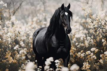 Wall Mural - beautiful black horse standing in a field of white flowers, ai generated