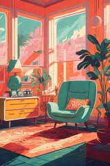 Wall Mural - Retro Risograph Style Futuristic Interior