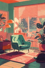 Wall Mural - Retro Risograph Style Futuristic Interior