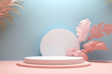 Abstract minimal scene with geometric forms. cylinder podium display or showcase mockup for product in pink background with paper leaves.