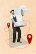 © deagreez - Vertical collage image of black white effect courier man hold pile stack delivery boxes location destination mark isolated on beige background