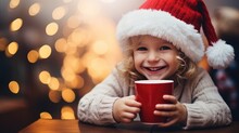 Cute Little Girl In Santa Hat Holding A Cup Of Hot Drink
