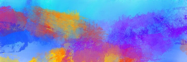 Wall Mural - Bold blue purple pink orange and yellow painted color splashes or blobs on light blue background, modern abstract art background design, artsy colorful background