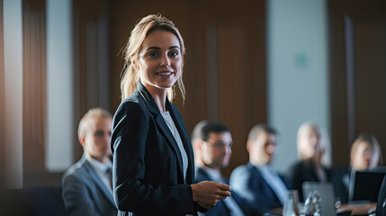 Wall Mural - A confident female executive masterfully delivers a business presentation in a boardroom, engaging her audience during an informative workshop. knowledge transfer concept. Generative Ai