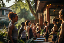 Neighbors Take Part In A Community Workout Class, Prioritizing Health And Connection As They Exercise Together In A Shared Space. Generative Ai.