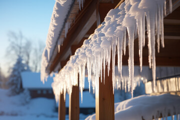 Sticker - The texture of a snow-covered roof is captured as icicles dangle from the eaves, reflecting the interplay of ice and architecture in winter. Generative Ai.