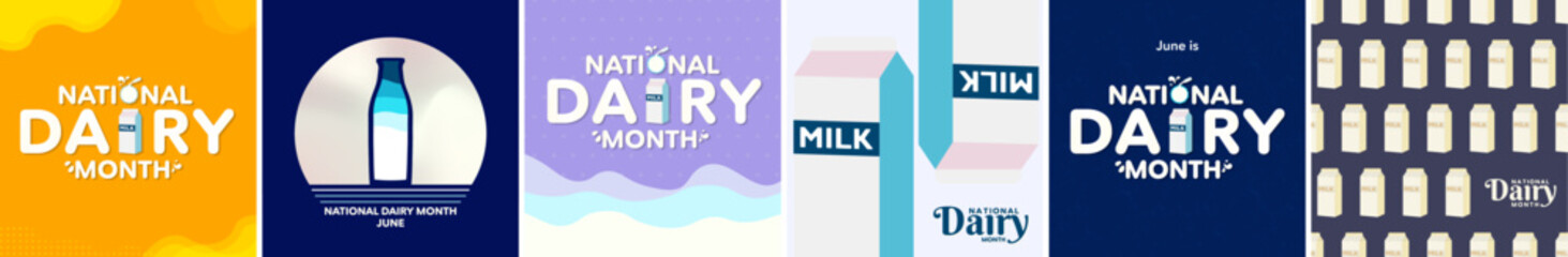 National Dairy Month Poster Set, celebrated on June. Illustration of Milk carton and glass of milk. Milk carton pattern, National Dairy month typographic design poster. Vector Illustration.
