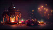 Festive Diwali Night Realistic Background, Candles In The Dark, Ai Generated Image 
