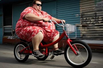 Super obese man riding tricycle. Generative AI