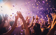 © MUS_GRAPHIC - Close up photo of many party people dancing purple lights confetti flying everywhere nightclub event hands raised up wear shiny