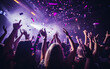 © MUS_GRAPHIC - Close up photo of many party people dancing purple lights confetti flying everywhere nightclub event hands raised up wear shiny
