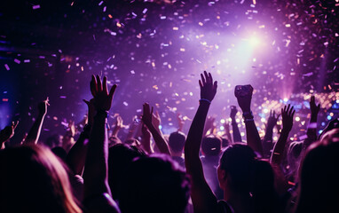 Wall Mural - Close up photo of many party people dancing purple lights confetti flying everywhere nightclub event hands raised up wear shiny 