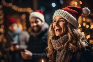 A person documents the festive scene of carolers singing and spreading cheer in the neighborhood, embracing the tradition of sharing music during the holiday season. Generative Ai.