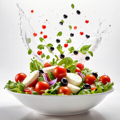 Wall Mural - A white plate with salad and floating in the air ingredients: olives, lettuce, onion, tomato, mozzarella cheese, parsley, basil and olive oil. Vegetarian menu. Generative Ai.