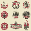 Radio labels. Retro radio, record studio, rock and roll radio emblems. Old style microphone, guitars. Design elements for logo, label, sign, badge.