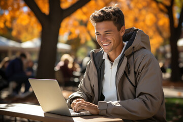 Poster - A student attends a virtual lecture while enjoying the outdoor ambiance, exemplifying the freedom hybrid learning offers. Generative AI.