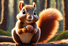 Cute And Adorable Little Squirrel Holds A Hazelnut In Paws. Generative AI