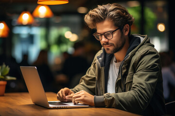 A student sits at a desk with a laptop, engrossed in an online lecture, exemplifying the convenience and accessibility of virtual education. Generative AI.