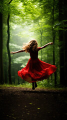 Behind view of girl in red dress jumping up in the air in the woods,