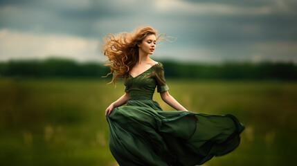 Beautiful redheaded young woman in flowing green dress standing carefree in green field