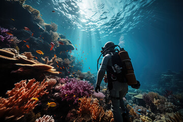 A marine biologist conducts a coral reef survey, contributing to conservation efforts that safeguard the rich biodiversity of ocean ecosystems. Generative AI.